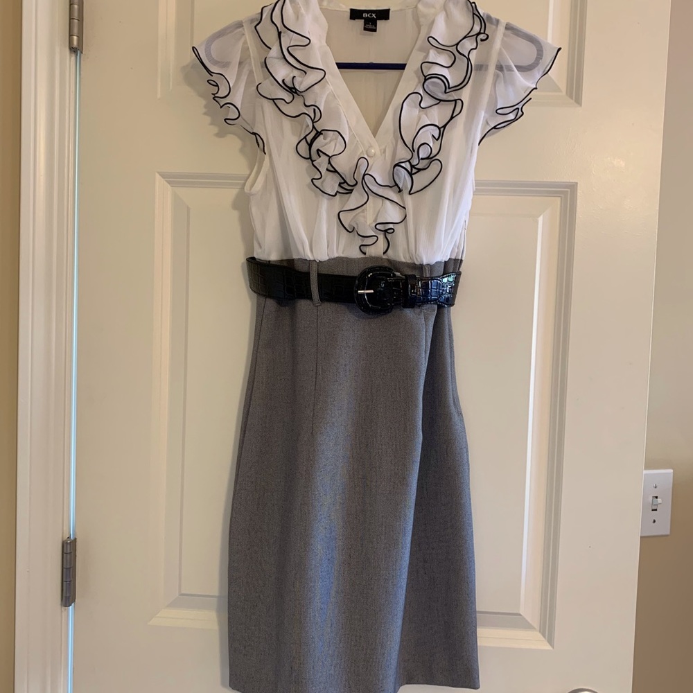 EUC Dress: BCX White Blouse/Gray Pencil Skirt Look, Belted Waist, Ruffles, Midi